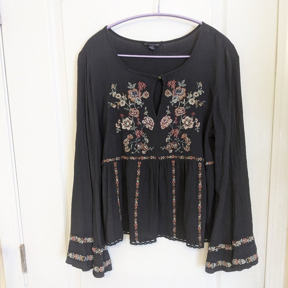 Large - American Eagle Boho Peasant Blouse Dark Gray With Pastel Embroidery